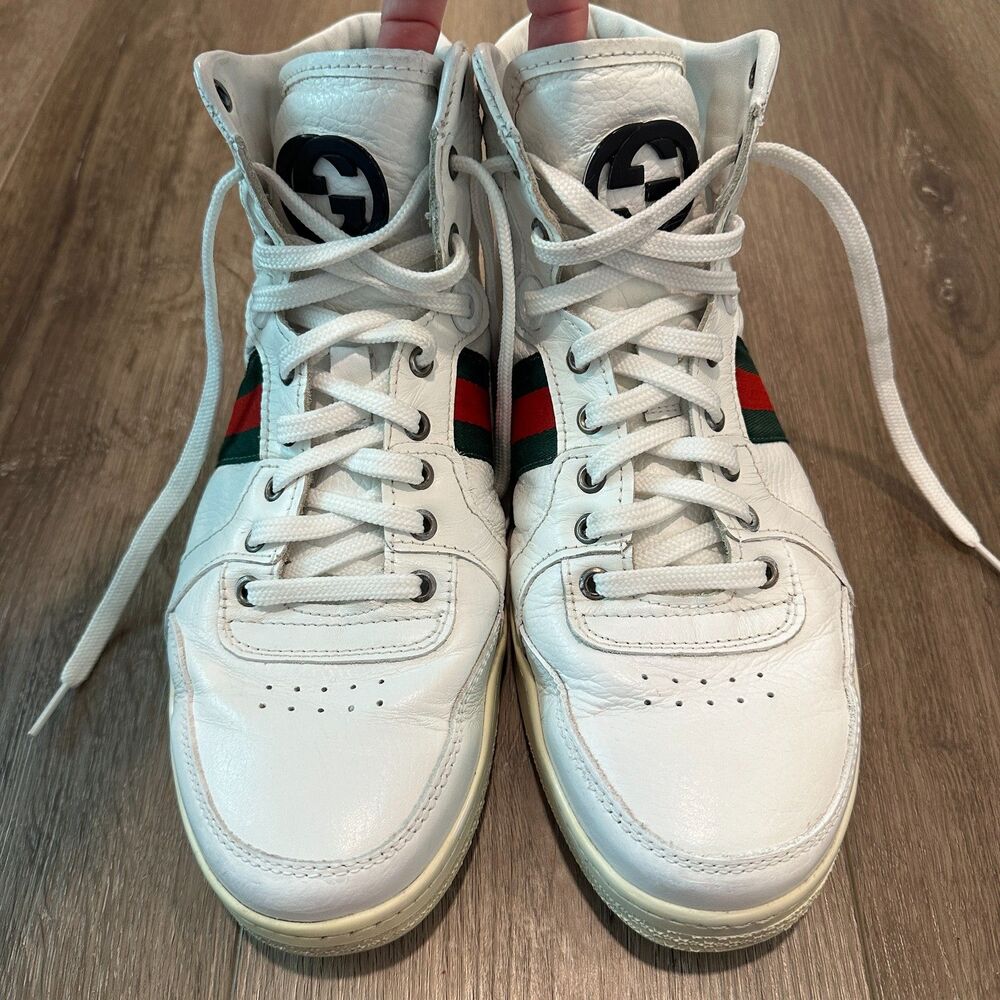 Vintage Leather Gucci High Top Sneakers Web Stripe Streetwear Size 43 / 10 US